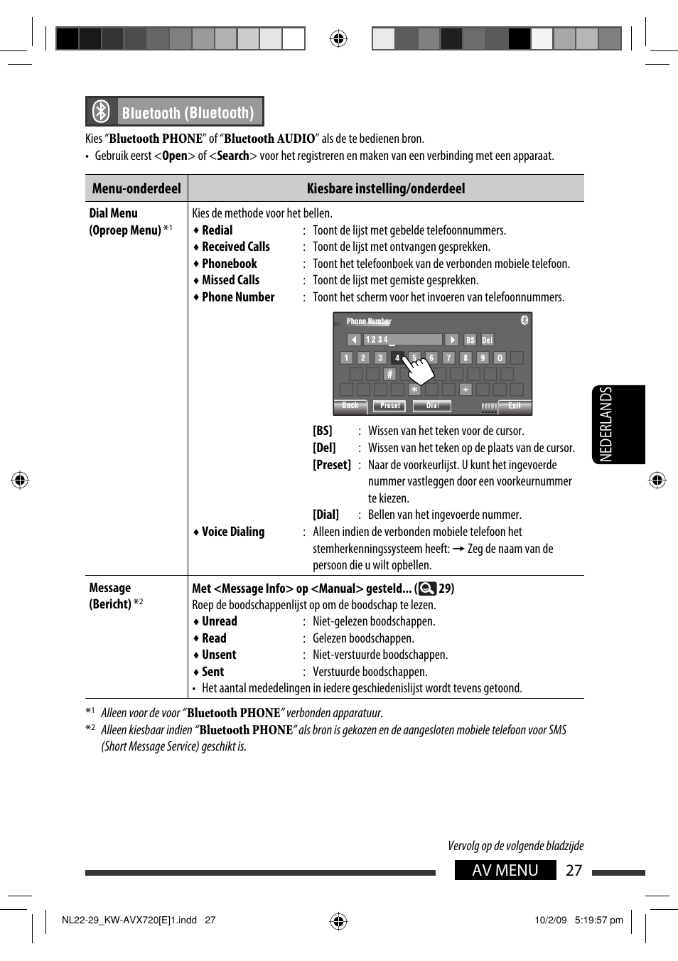 27 av menu nederlands, Menu-onderdeel kiesbare instelling/onderdeel | JVC KW-AVX720 User Manual | Page 219 / 257