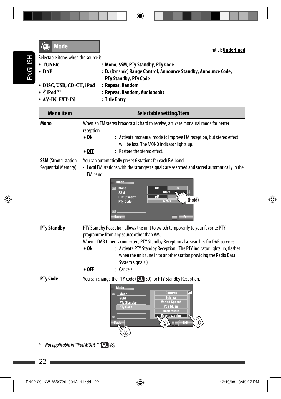 22 english, Menu item selectable setting/item | JVC KW-AVX720 User Manual | Page 22 / 257