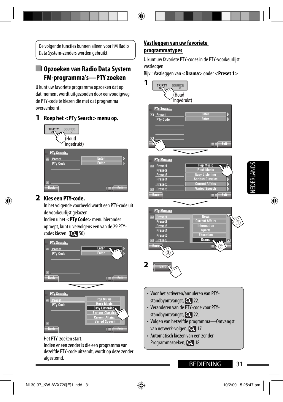 31 bediening nederlands, Roep het <pty search> menu op, Kies een pty-code | Vastleggen van uw favoriete programmatypes | JVC KW-AVX720 User Manual | Page 223 / 257