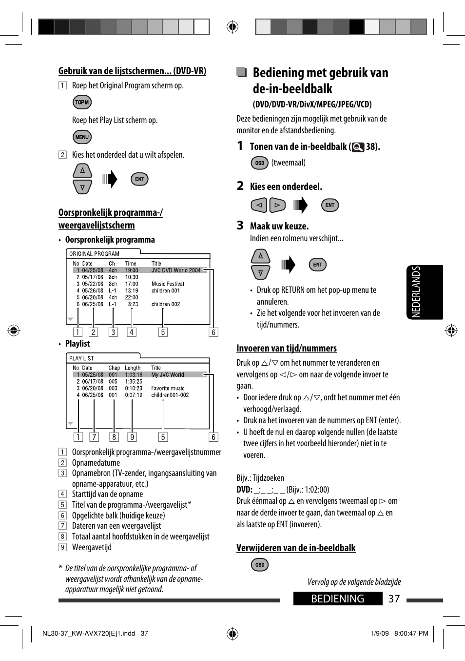 Bediening met gebruik van de-in-beeldbalk, 37 bediening nederlands | JVC KW-AVX720 User Manual | Page 229 / 257