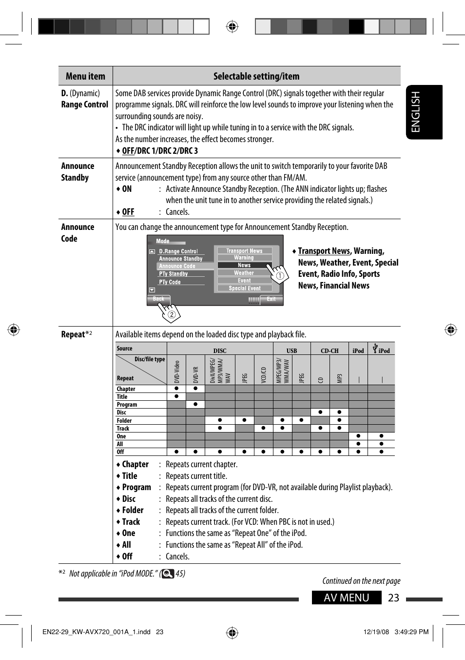 23 av menu english, Menu item selectable setting/item | JVC KW-AVX720 User Manual | Page 23 / 257