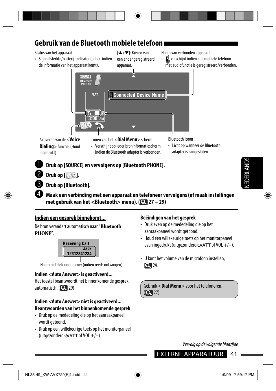 Gebruik van de bluetooth mobiele telefoon, 41 externe apparatuur nederlands | JVC KW-AVX720 User Manual | Page 233 / 257