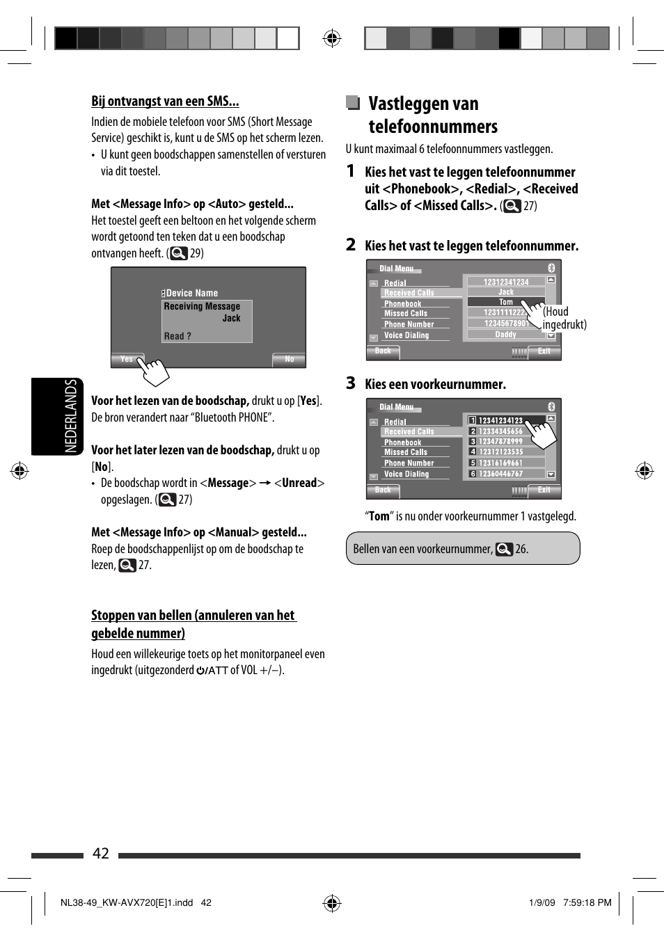 Vastleggen van telefoonnummers, 42 nederlands | JVC KW-AVX720 User Manual | Page 234 / 257