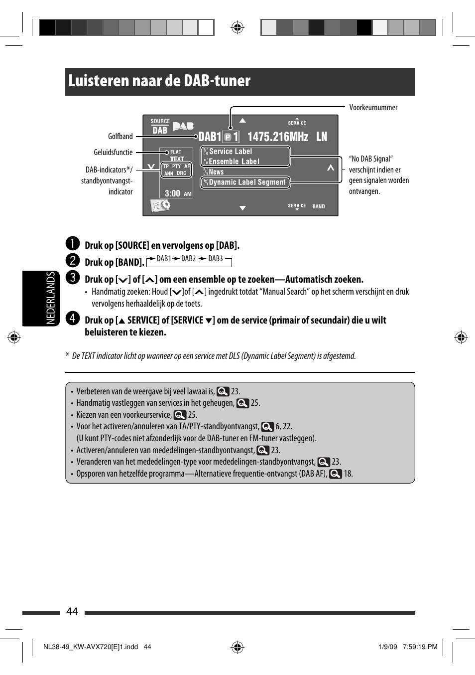 Luisteren naar de dab-tuner, 44 nederlands | JVC KW-AVX720 User Manual | Page 236 / 257