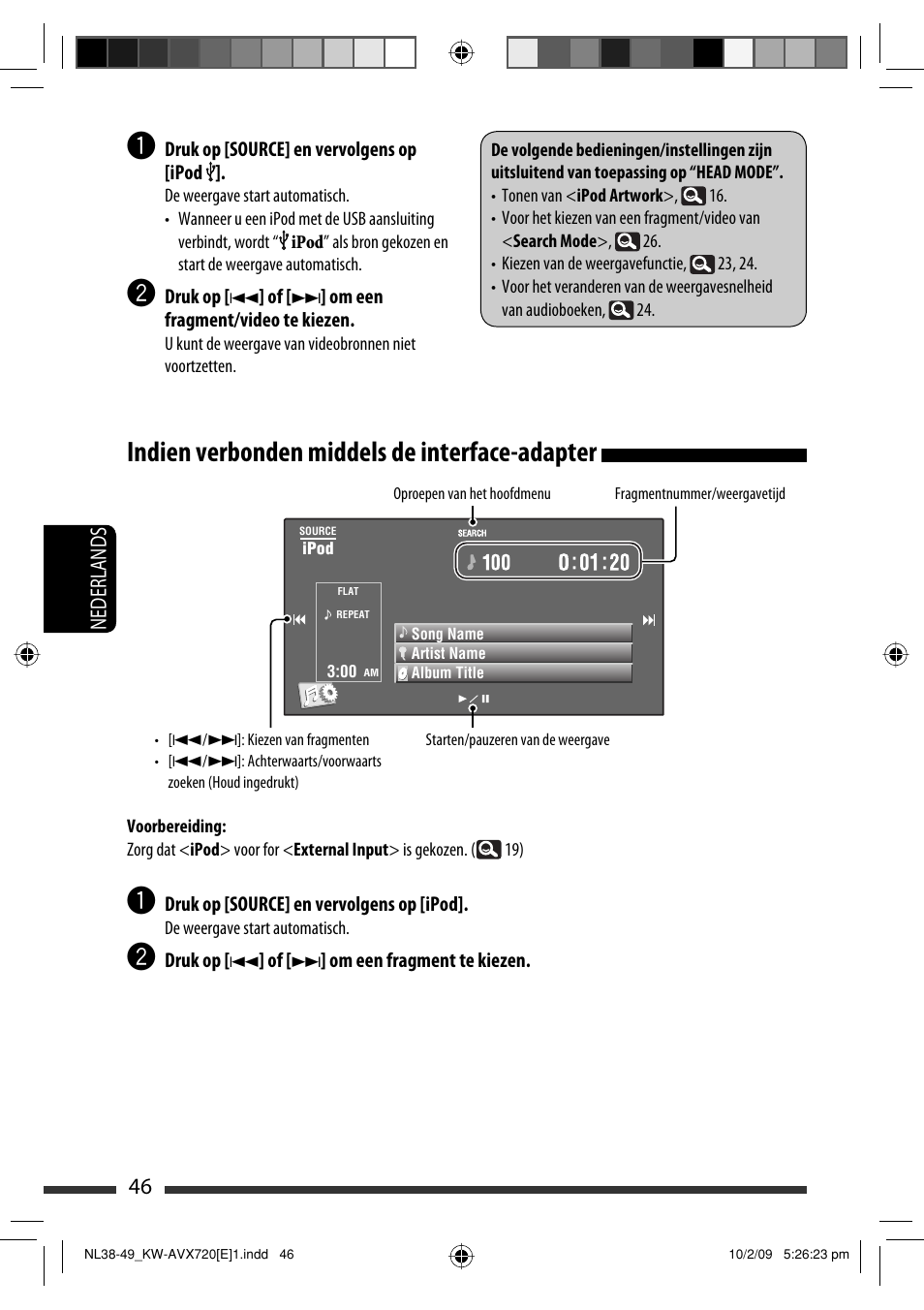 Indien verbonden middels de interface-adapter, 46 nederlands | JVC KW-AVX720 User Manual | Page 238 / 257
