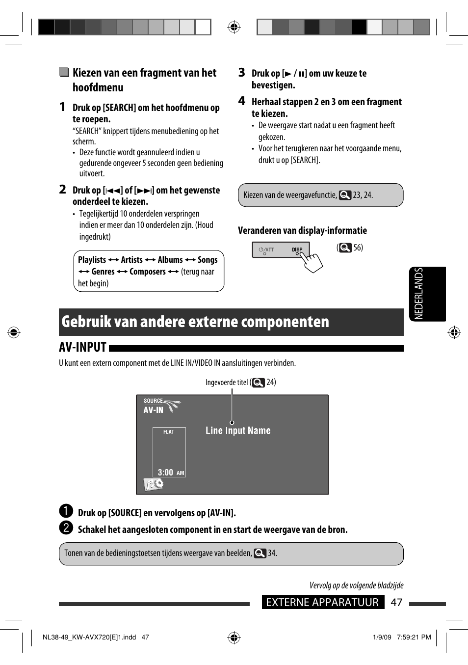 Gebruik van andere externe componenten, Av-input, Kiezen van een fragment van het hoofdmenu | JVC KW-AVX720 User Manual | Page 239 / 257