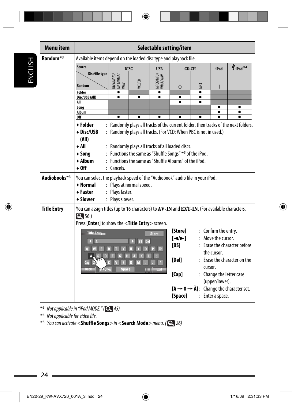 24 english, Menu item selectable setting/item | JVC KW-AVX720 User Manual | Page 24 / 257