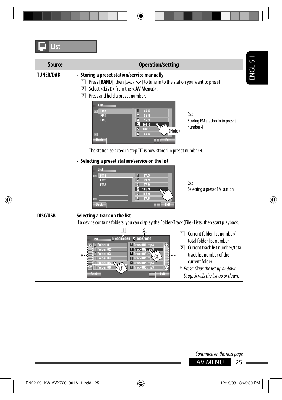 25 av menu english, Source operation/setting | JVC KW-AVX720 User Manual | Page 25 / 257