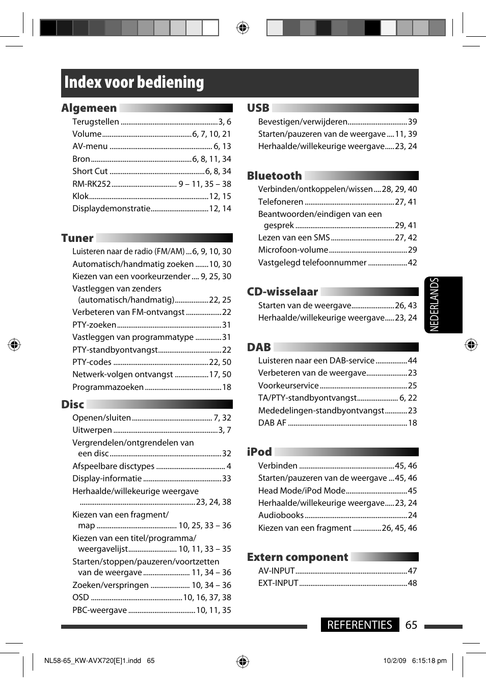 Index voor bediening, 65 referenties nederlands algemeen, Tuner | Disc, Bluetooth, Cd-wisselaar, Ipod, Extern component | JVC KW-AVX720 User Manual | Page 257 / 257