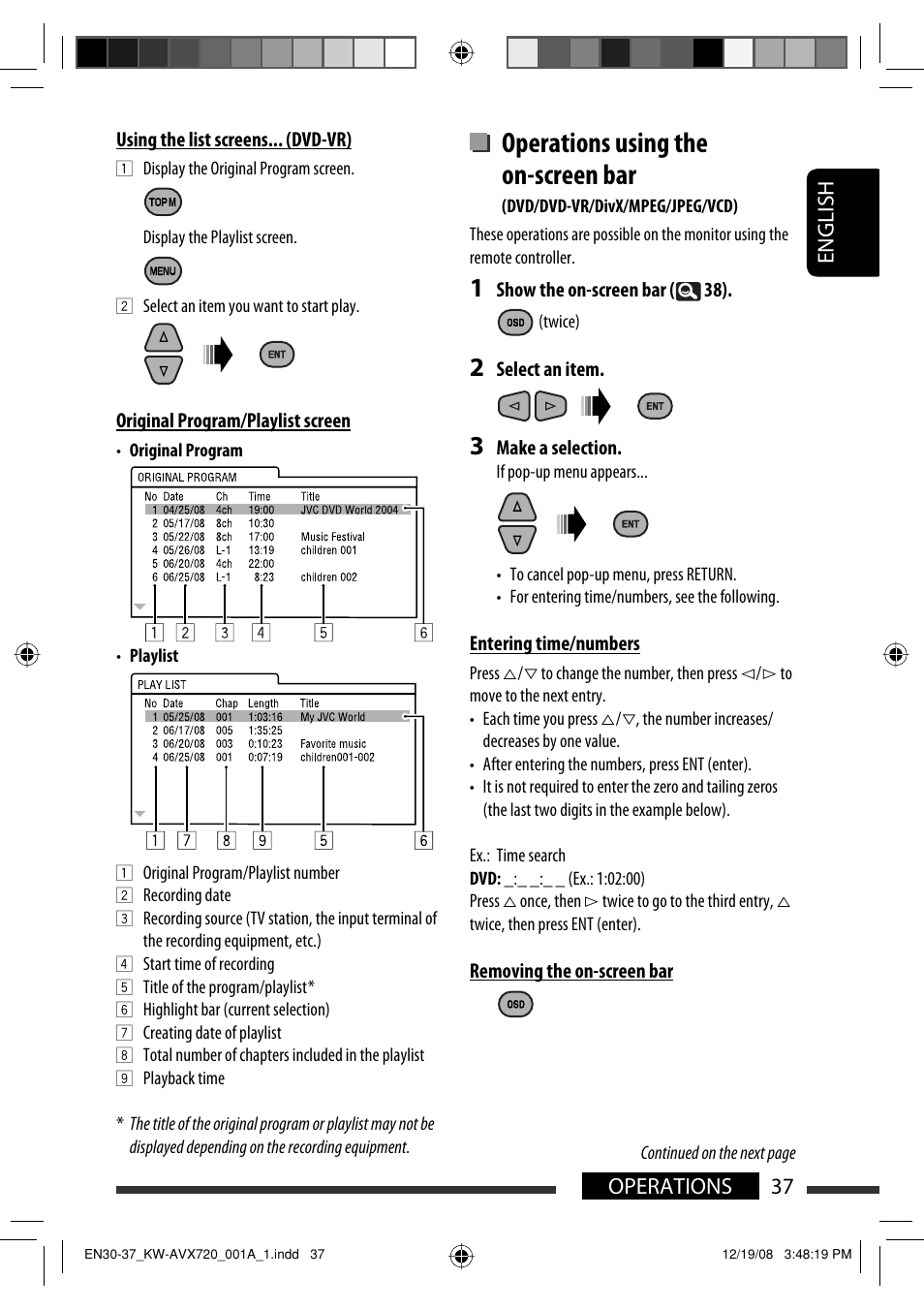 Operations using the on-screen bar, 37 operations english | JVC KW-AVX720 User Manual | Page 37 / 257