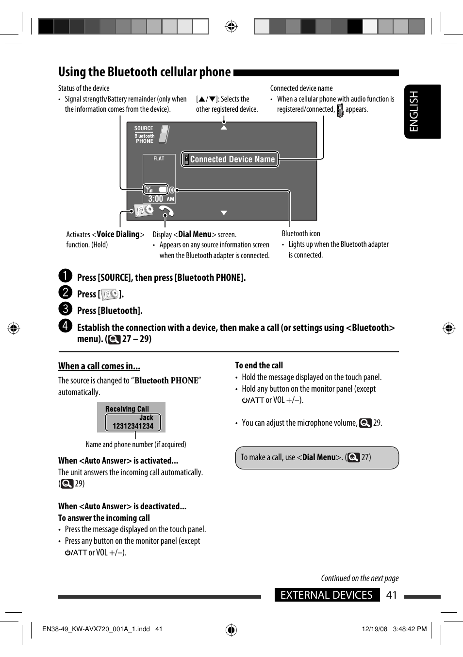 Using the bluetooth cellular phone, 41 external devices english | JVC KW-AVX720 User Manual | Page 41 / 257