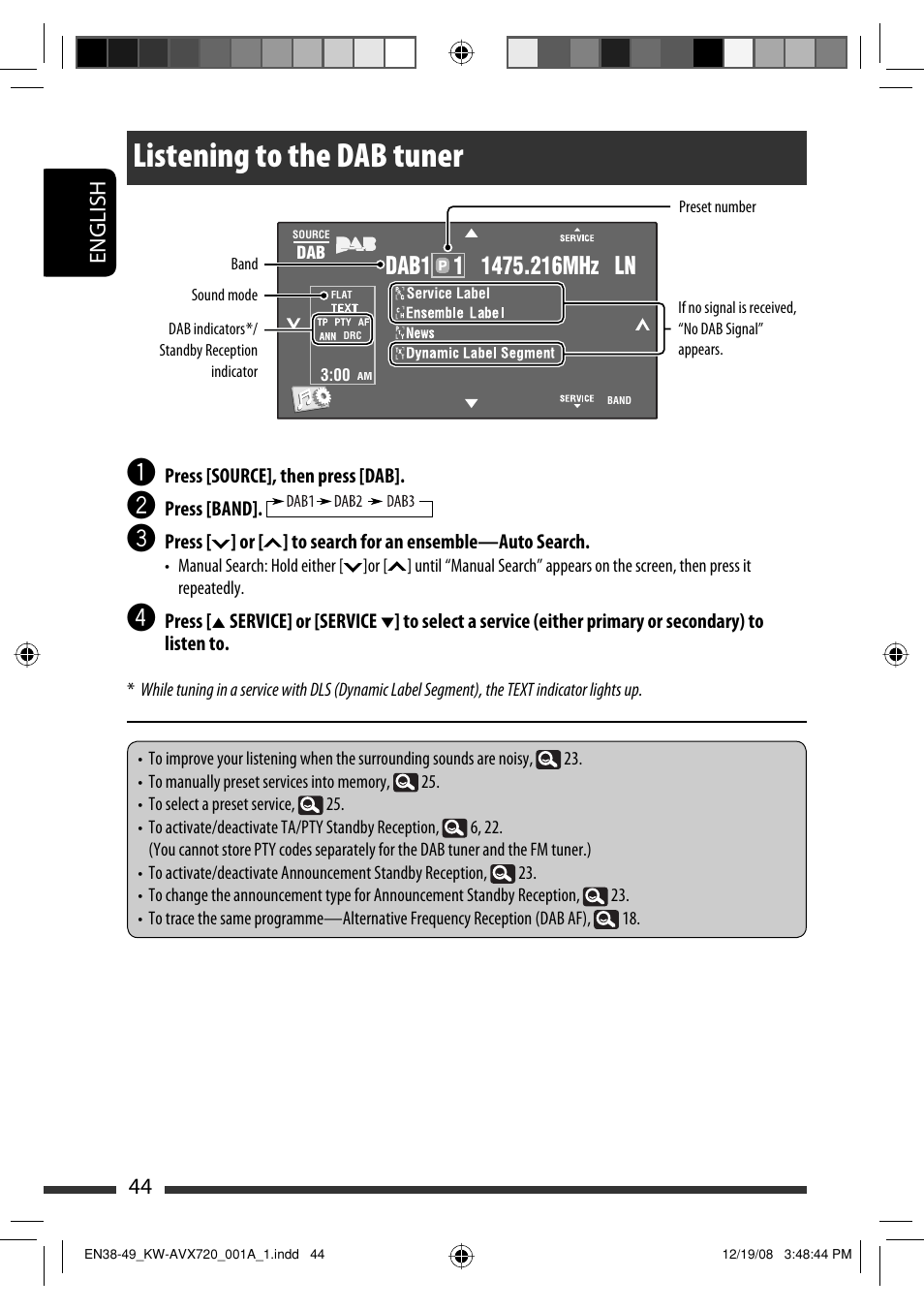 Listening to the dab tuner, 44 english | JVC KW-AVX720 User Manual | Page 44 / 257