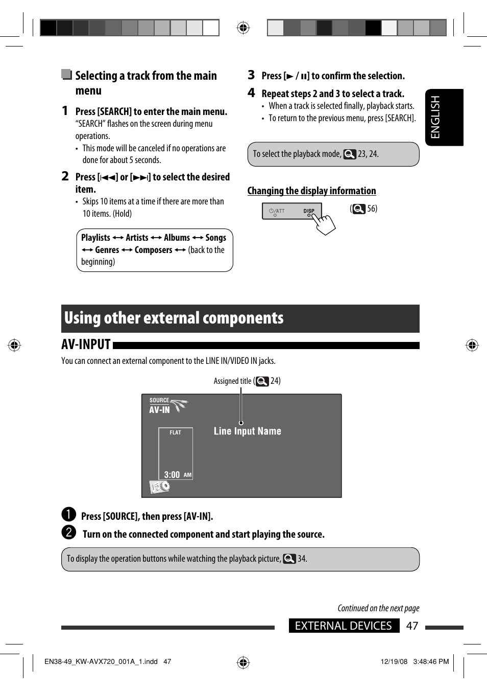 Using other external components, Av-input, Selecting a track from the main menu | JVC KW-AVX720 User Manual | Page 47 / 257