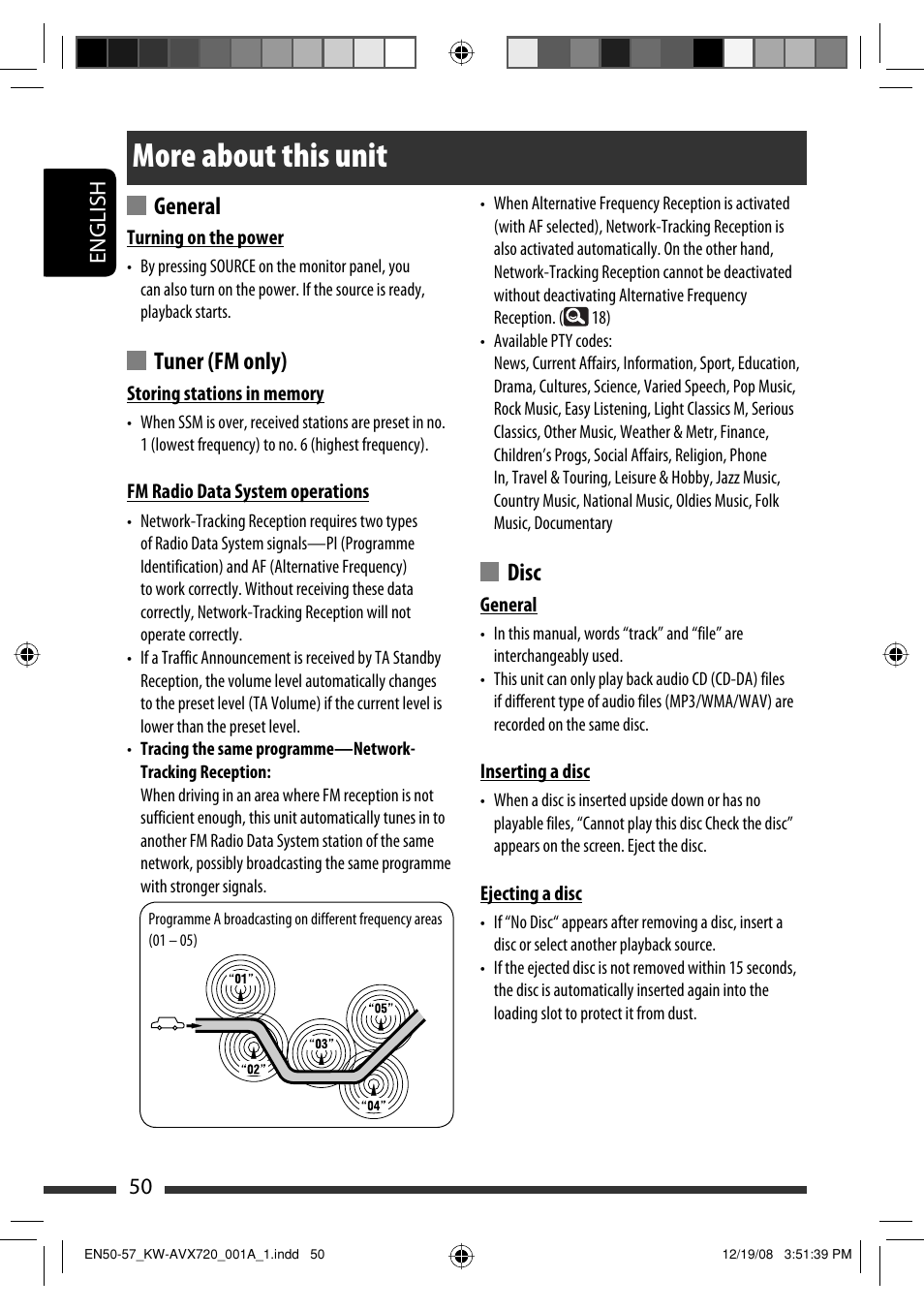 More about this unit, General, Tuner (fm only) | Disc | JVC KW-AVX720 User Manual | Page 50 / 257