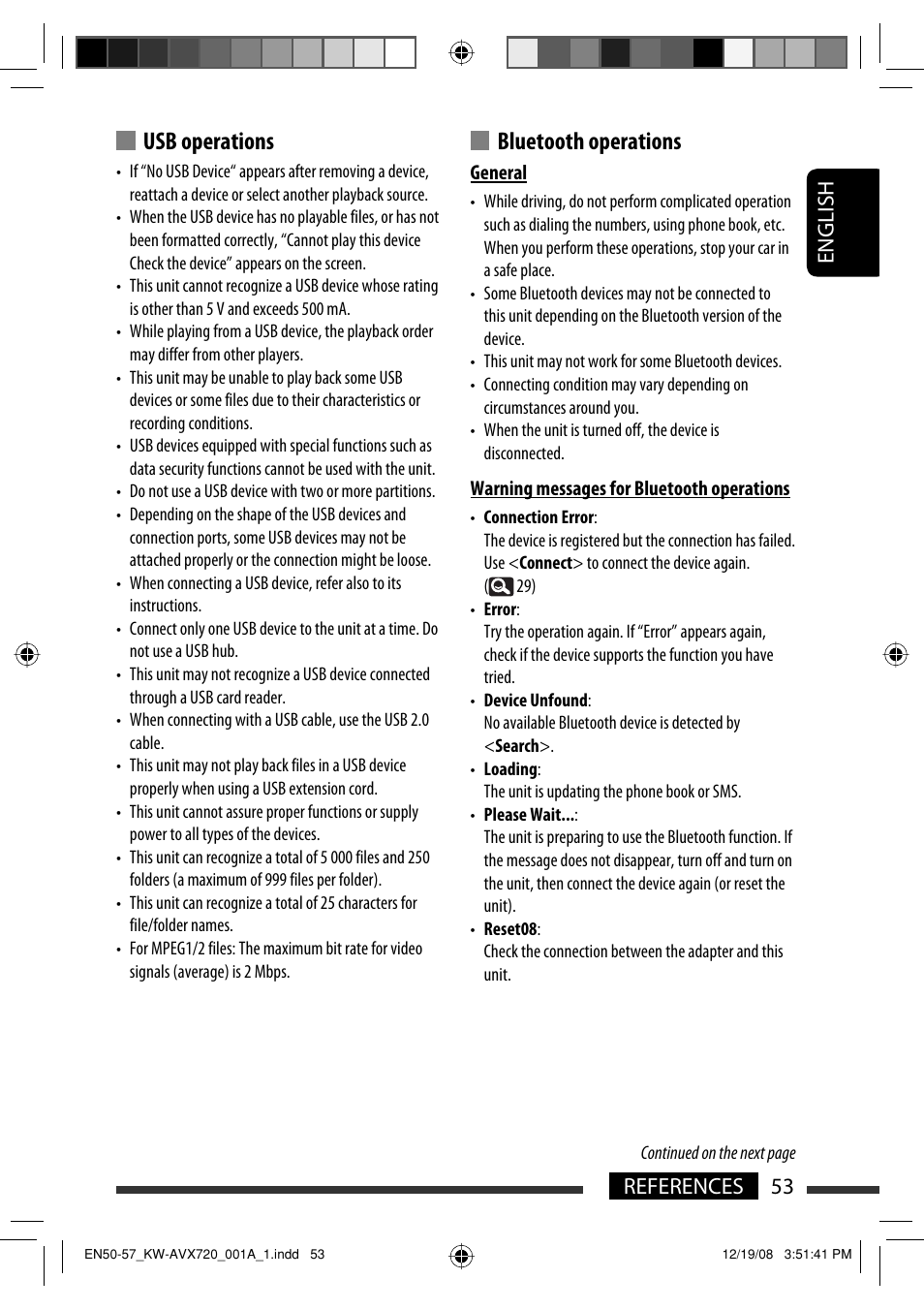 Usb operations, Bluetooth operations, 53 references english | JVC KW-AVX720 User Manual | Page 53 / 257