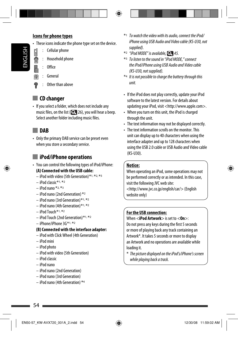 Cd changer, Ipod/iphone operations, 54 english | Notice, Icons for phone types | JVC KW-AVX720 User Manual | Page 54 / 257