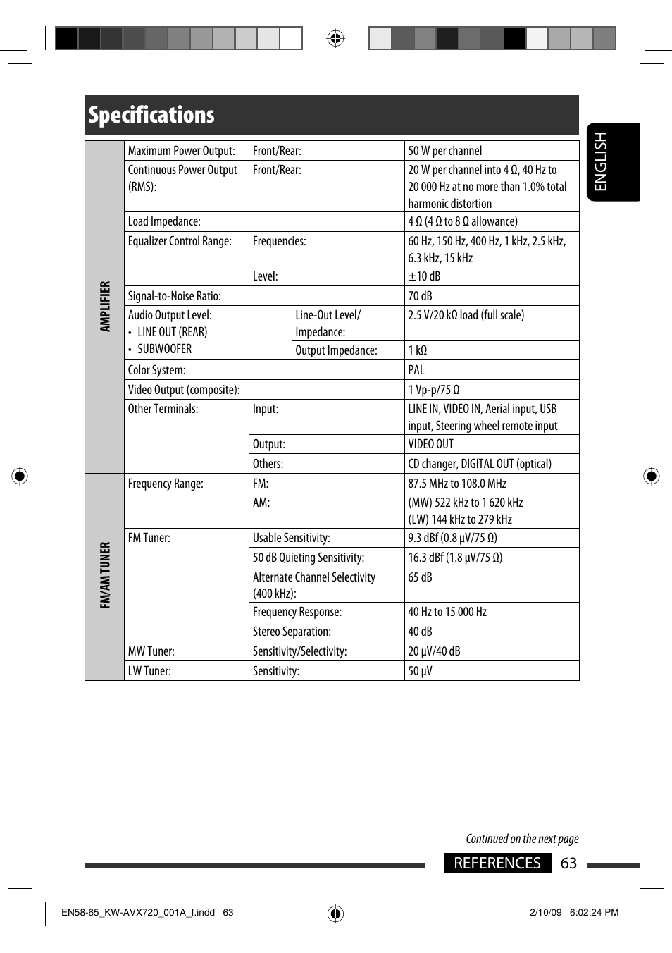 Specifications, 63 references english | JVC KW-AVX720 User Manual | Page 63 / 257