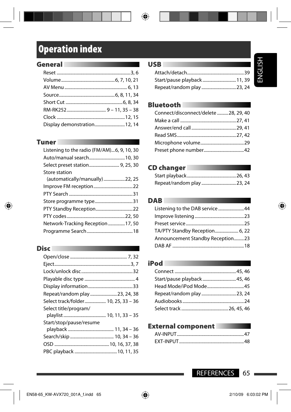 Operation index, 65 references english general, Tuner | Disc, Bluetooth, Cd changer, Ipod, External component | JVC KW-AVX720 User Manual | Page 65 / 257