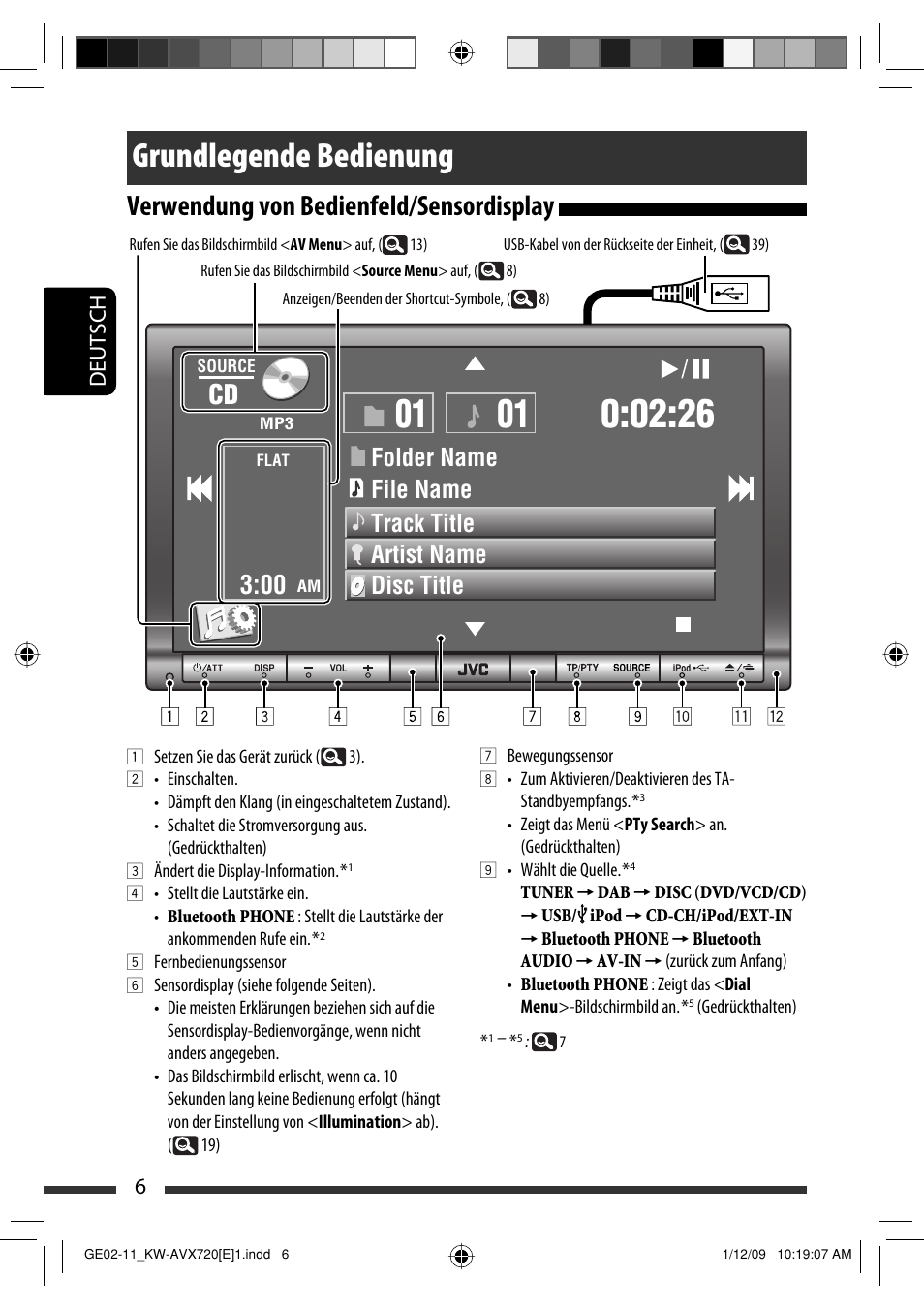 Grundlegende bedienung, Verwendung von bedienfeld/sensordisplay, 6deutsch | JVC KW-AVX720 User Manual | Page 70 / 257