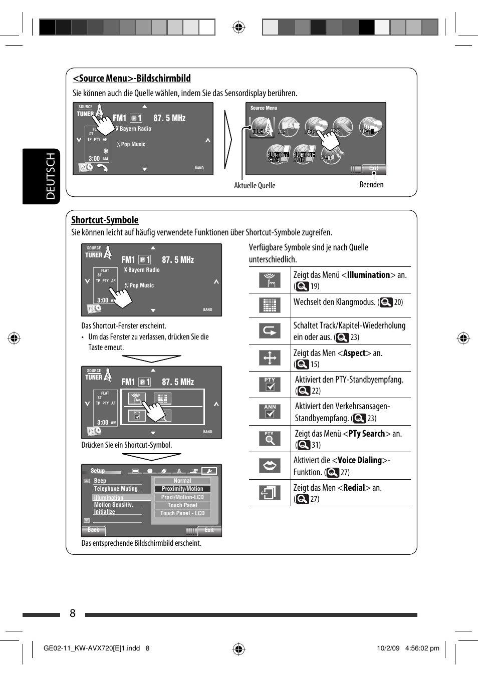 8deutsch, Shortcut-symbole, Source menu>-bildschirmbild | Wechselt den klangmodus, Schaltet track/kapitel-wiederholung ein oder aus, Zeigt das men < aspect > an, Aktiviert den pty-standbyempfang, Aktiviert den verkehrsansagen- standbyempfang, Zeigt das menü < pty search > an, Aktiviert die < voice dialing >- funktion | JVC KW-AVX720 User Manual | Page 72 / 257