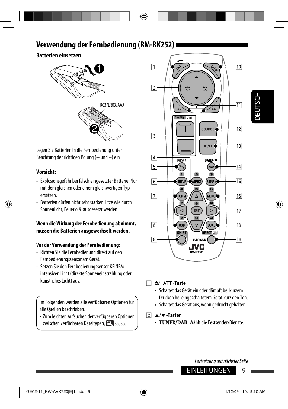 Verwendung der fernbedienung (rm-rk252), 9einleitungen deutsch | JVC KW-AVX720 User Manual | Page 73 / 257