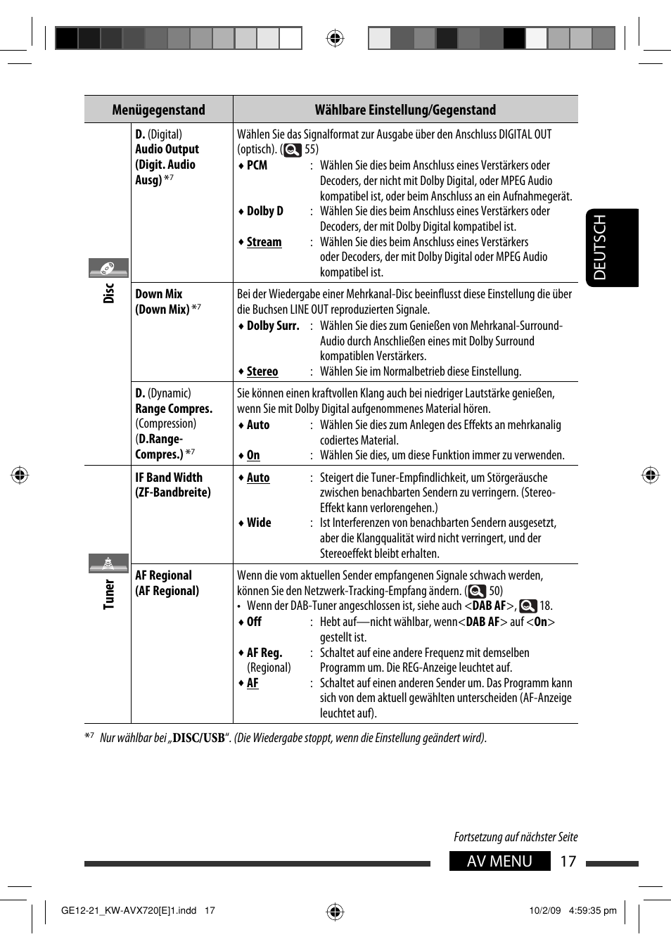 17 av menu deutsch | JVC KW-AVX720 User Manual | Page 81 / 257