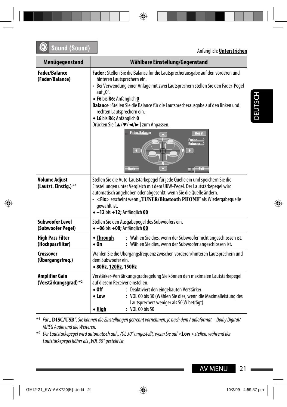21 av menu deutsch, Menügegenstand wählbare einstellung/gegenstand | JVC KW-AVX720 User Manual | Page 85 / 257