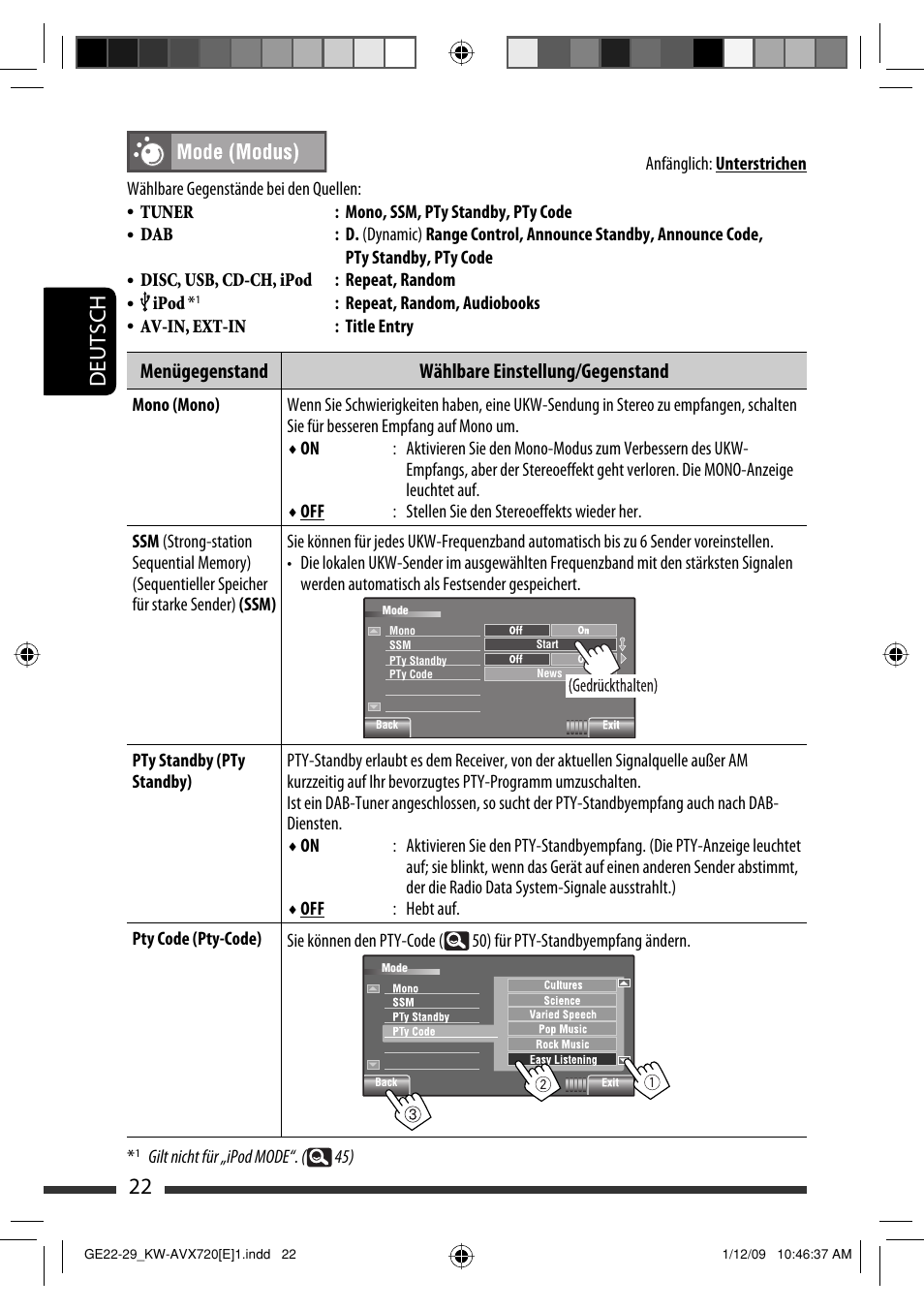 22 deutsch, Menügegenstand wählbare einstellung/gegenstand | JVC KW-AVX720 User Manual | Page 86 / 257