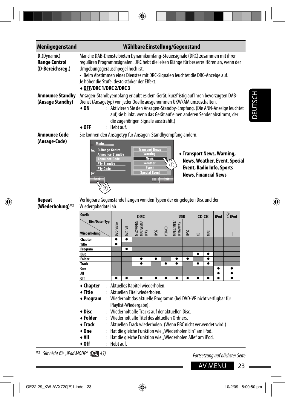 23 av menu deutsch, Menügegenstand wählbare einstellung/gegenstand | JVC KW-AVX720 User Manual | Page 87 / 257