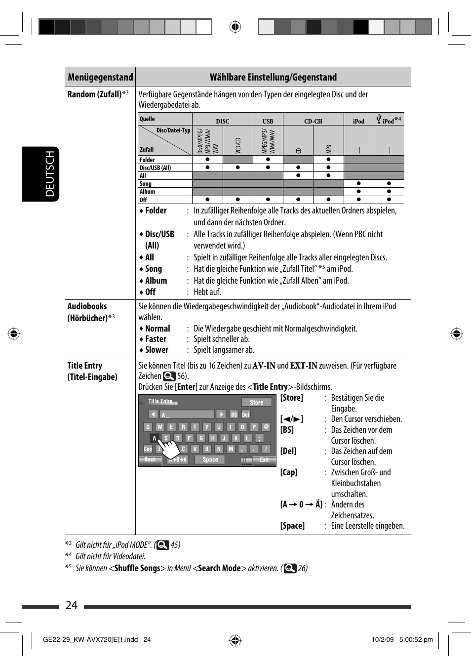 24 deutsch, Menügegenstand wählbare einstellung/gegenstand | JVC KW-AVX720 User Manual | Page 88 / 257