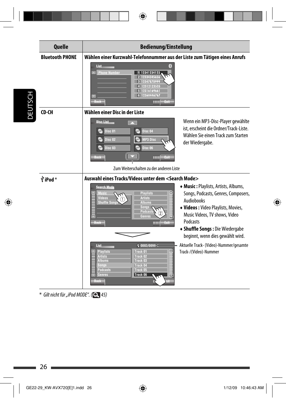 26 deutsch, Quelle bedienung/einstellung | JVC KW-AVX720 User Manual | Page 90 / 257
