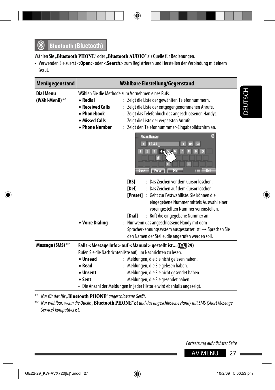 27 av menu deutsch, Menügegenstand wählbare einstellung/gegenstand | JVC KW-AVX720 User Manual | Page 91 / 257