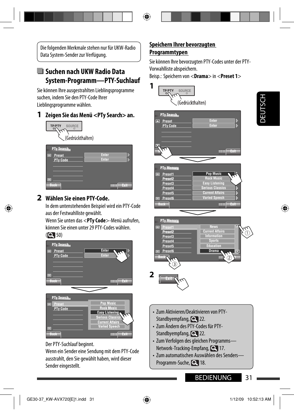 31 bedienung deutsch, Zeigen sie das menü <pty search> an, Wählen sie einen pty-code | Speichern ihrer bevorzugten programmtypen | JVC KW-AVX720 User Manual | Page 95 / 257