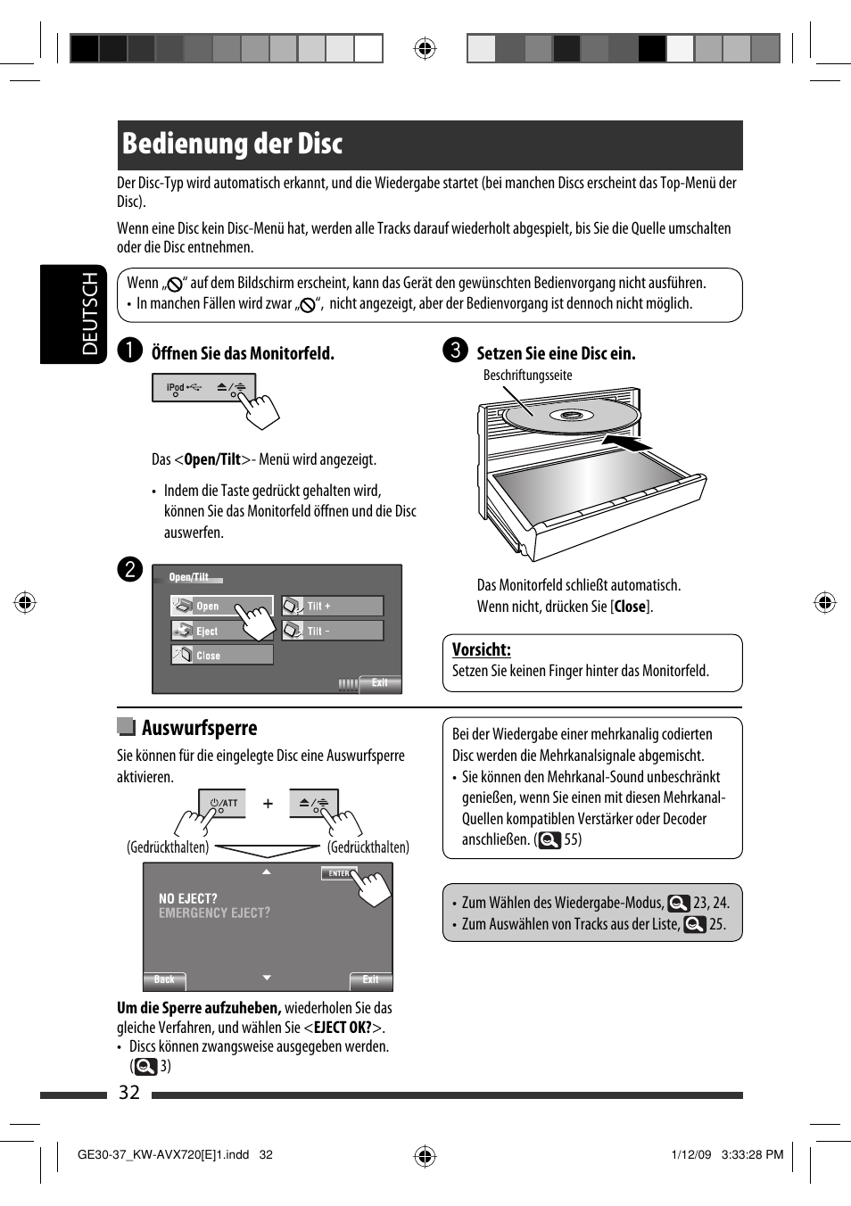 Bedienung der disc, Auswurfsperre | JVC KW-AVX720 User Manual | Page 96 / 257