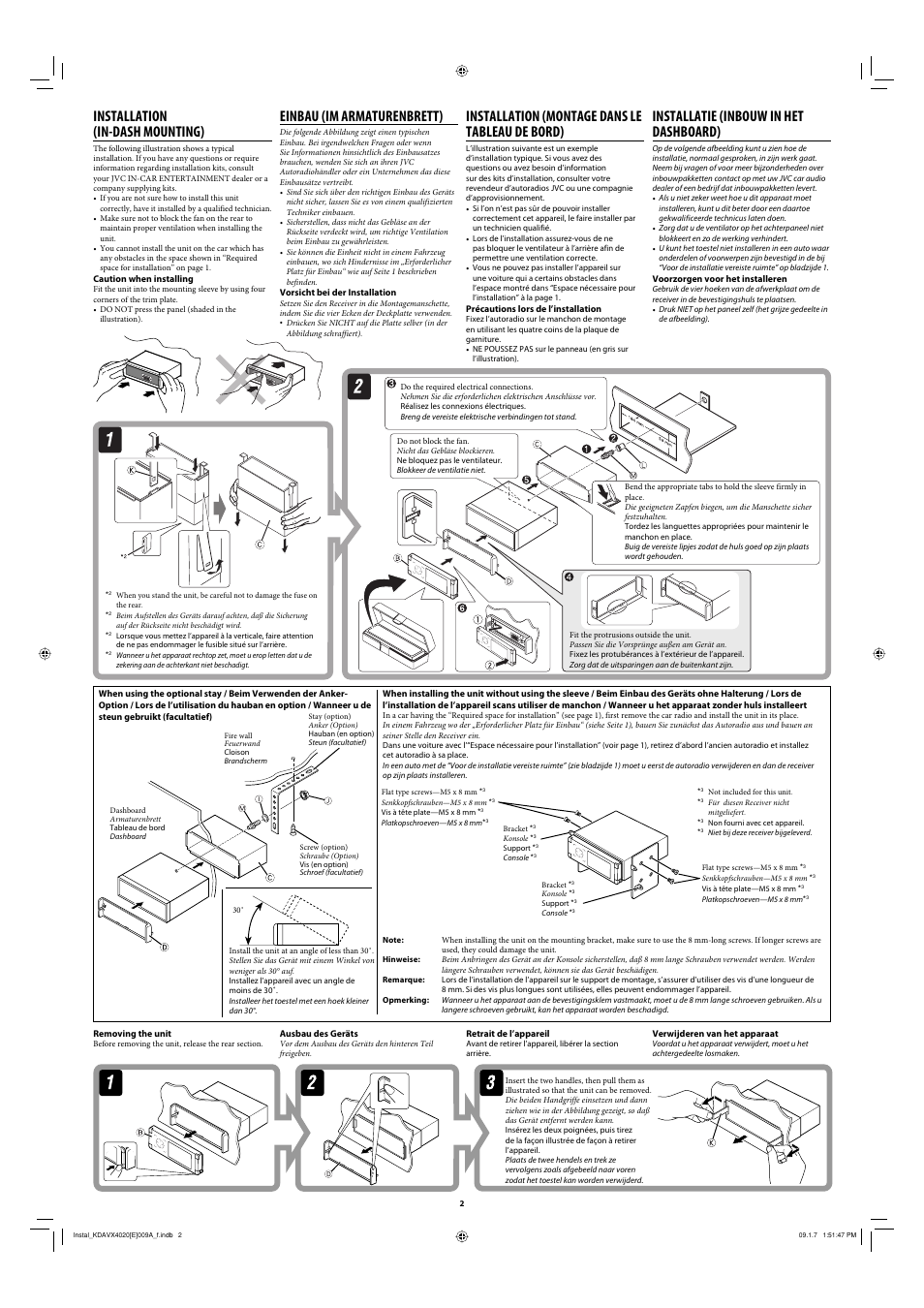 Installation (in-dash mounting), Einbau (im armaturenbrett), Installation (montage dans le tableau de bord) | Installatie (inbouw in het dashboard) | JVC KD-AVX20 User Manual | Page 2 / 6