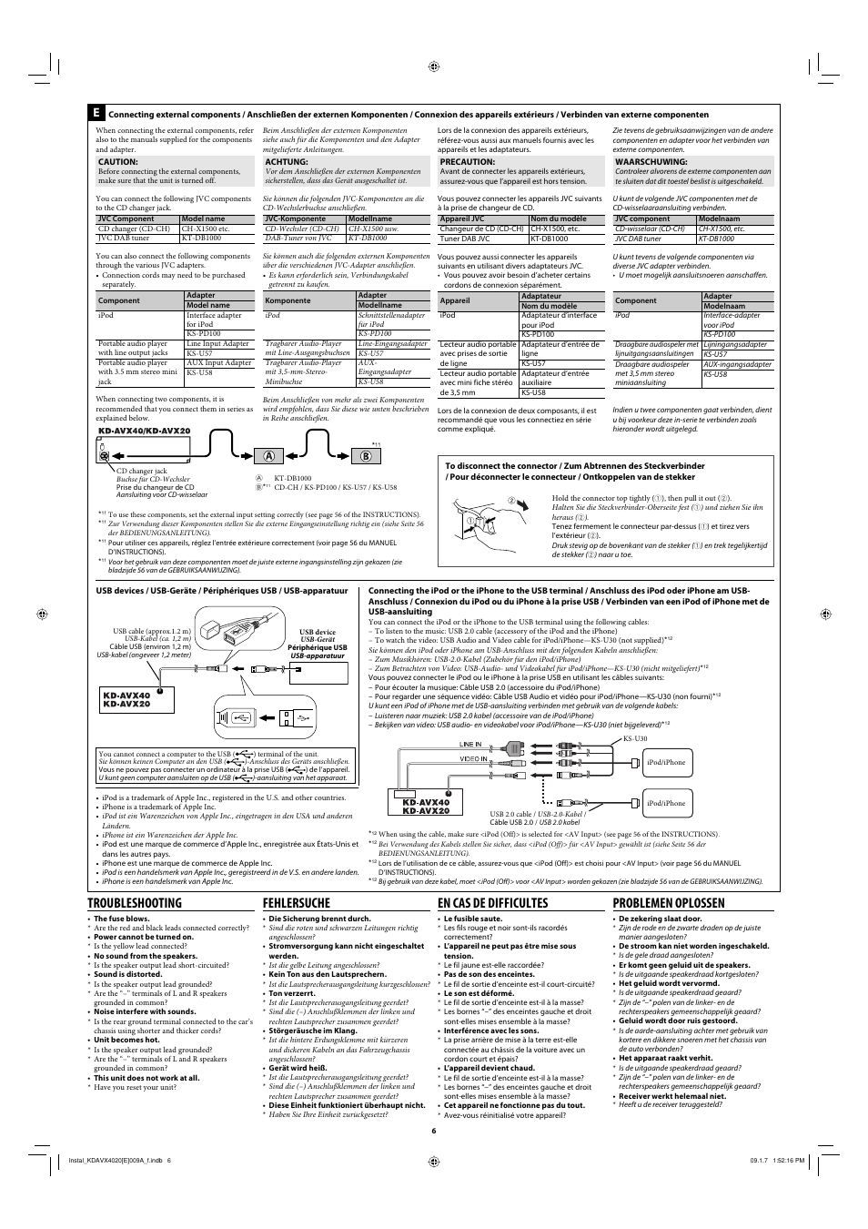 Troubleshooting, Fehlersuche, En cas de difficultes | Problemen oplossen | JVC KD-AVX20 User Manual | Page 6 / 6