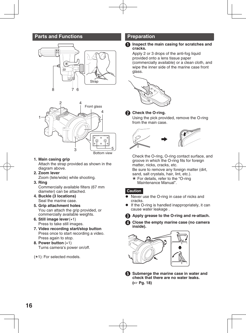 Attaching the marine case to the camera, Parts and functions, Preparation | JVC WR-MG300 User Manual | Page 16 / 114