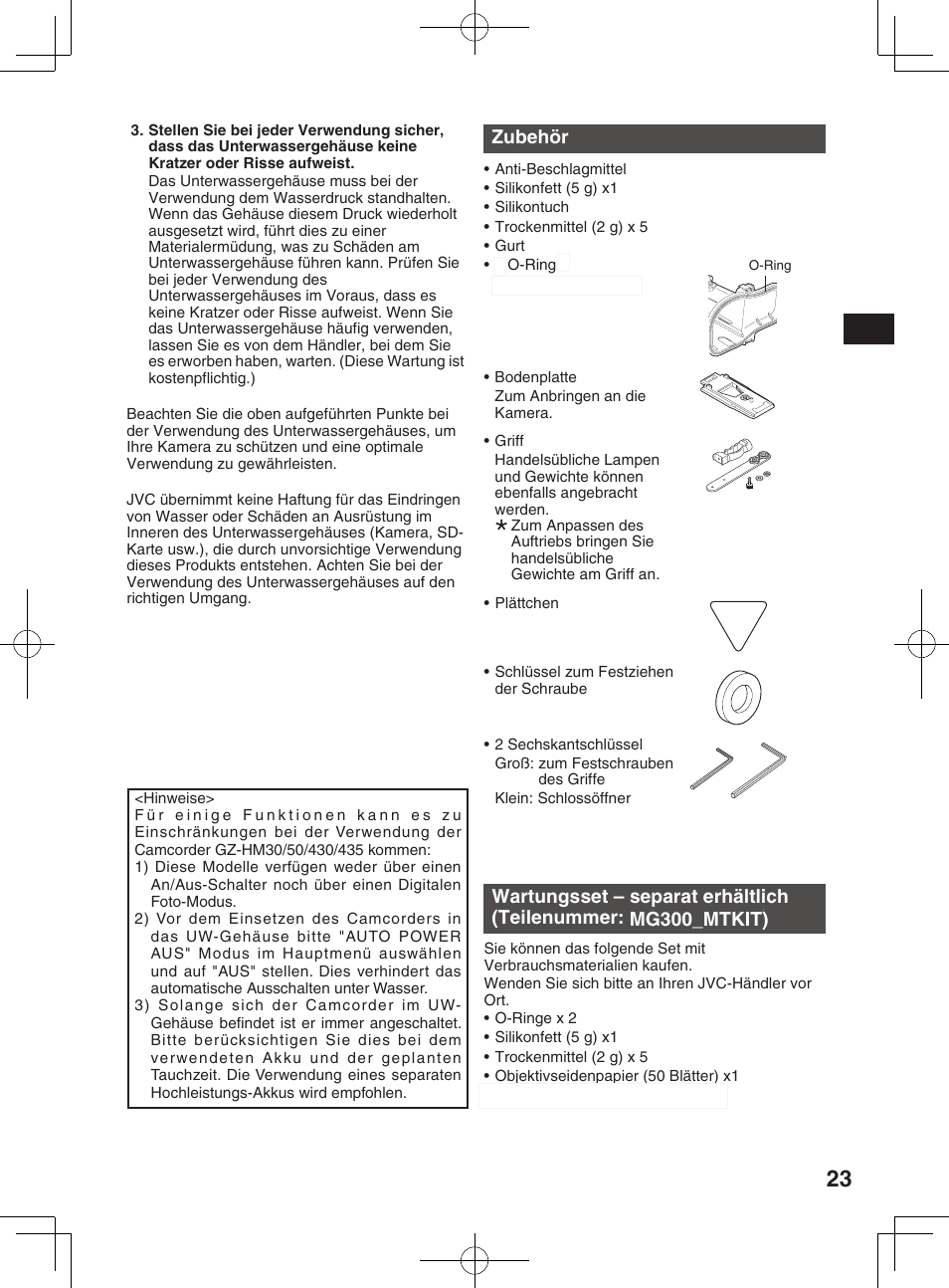 Zubehör, Mg300_mtkit), Zur sicheren verwendung dieses produkts | Sicherheitsvorkehrungen | JVC WR-MG300 User Manual | Page 23 / 114