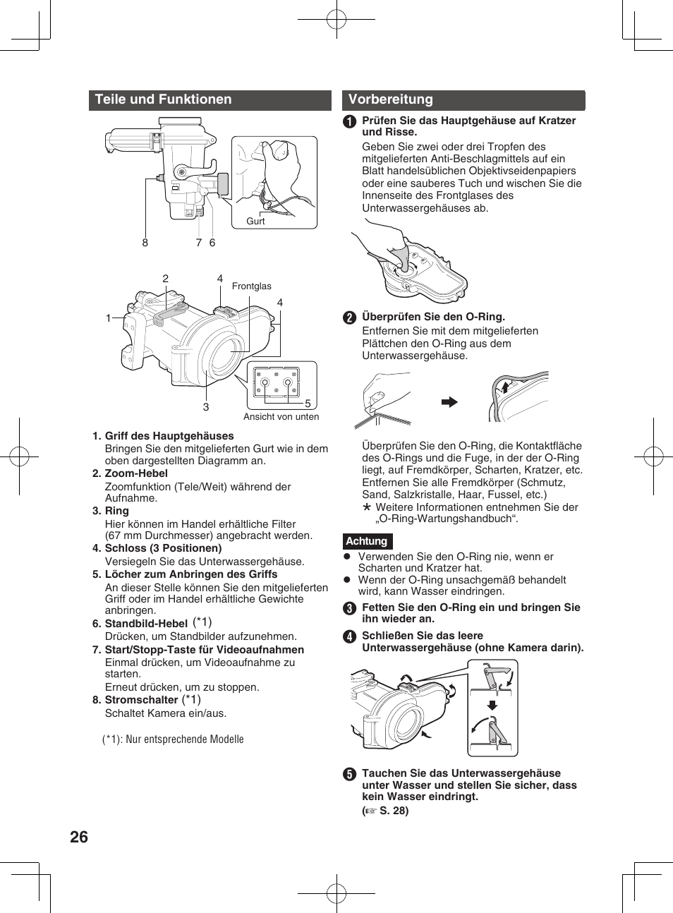 Einsetzen der kamera in das unterwassergehäuse, Teile und funktionen, Vorbereitung | JVC WR-MG300 User Manual | Page 26 / 114