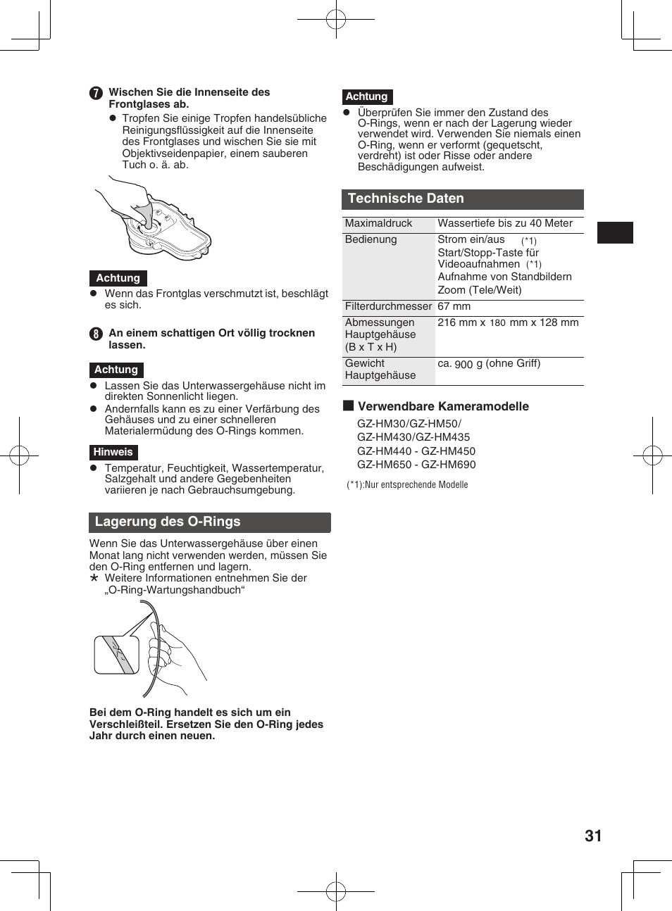 Salzentfernung, Lagerung des o-rings, Technische daten | JVC WR-MG300 User Manual | Page 31 / 114