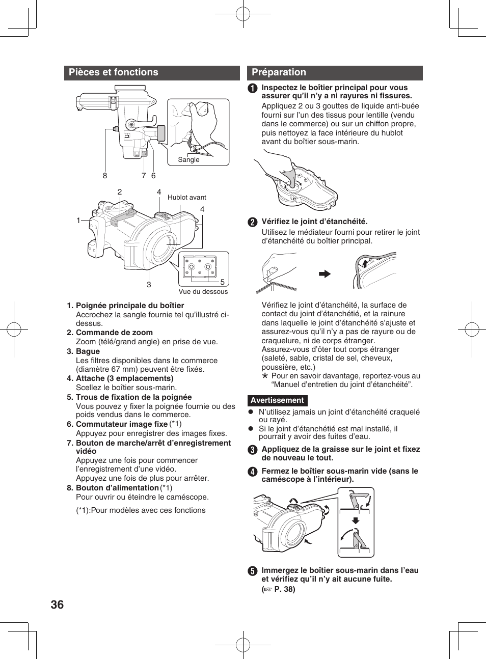 Fixation du boîtier sous-marin au caméscope, Pièces et fonctions, Préparation | JVC WR-MG300 User Manual | Page 36 / 114