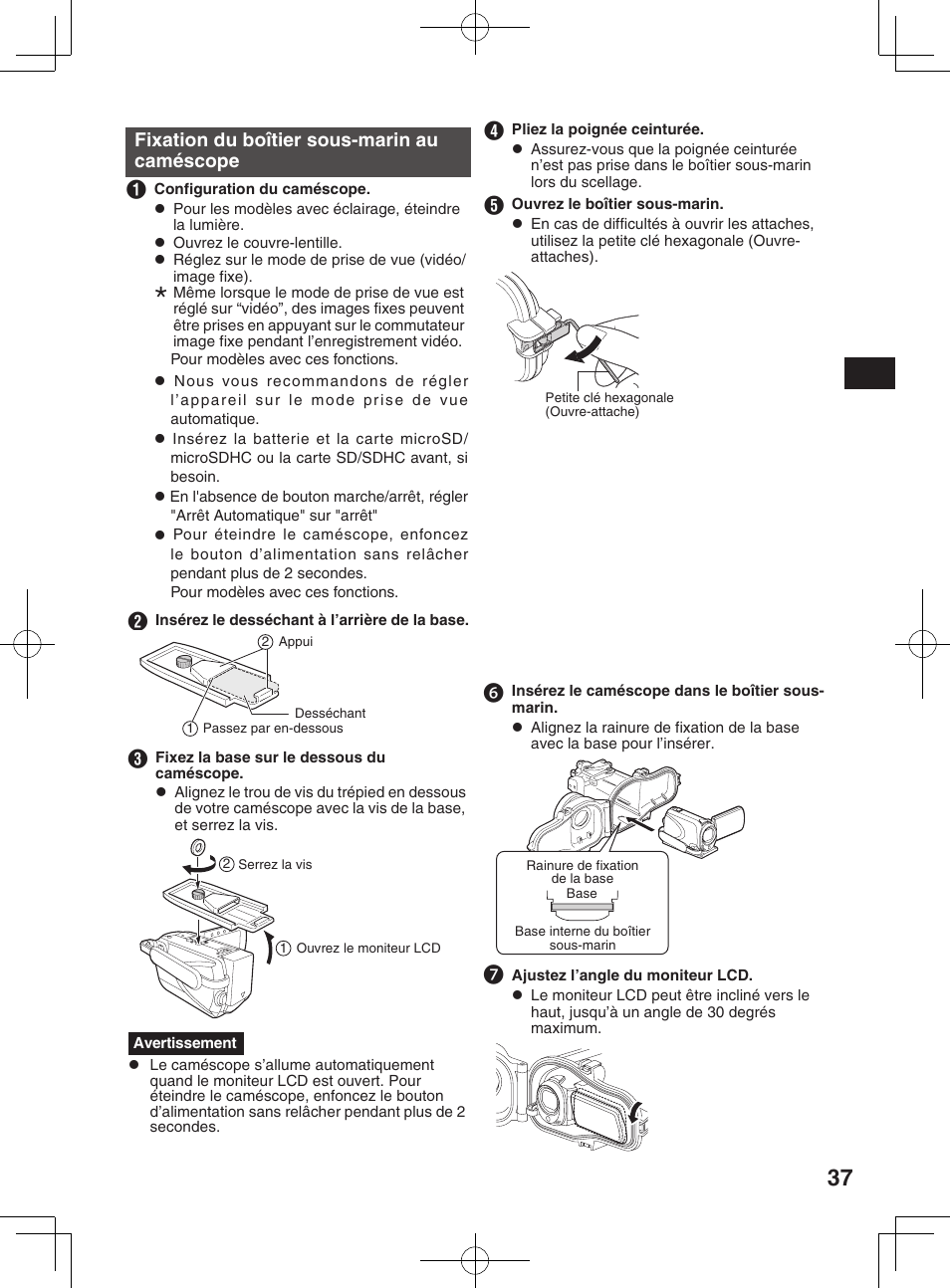 Fixation du boîtier sous-marin au caméscope, Pièces et fonctions, Préparation | JVC WR-MG300 User Manual | Page 37 / 114