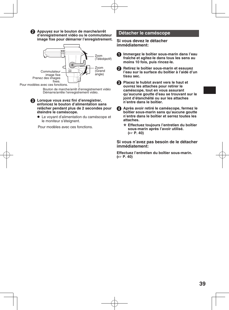 Enregistrement de fichiers vidéo/ image fixe, Détacher le caméscope | JVC WR-MG300 User Manual | Page 39 / 114