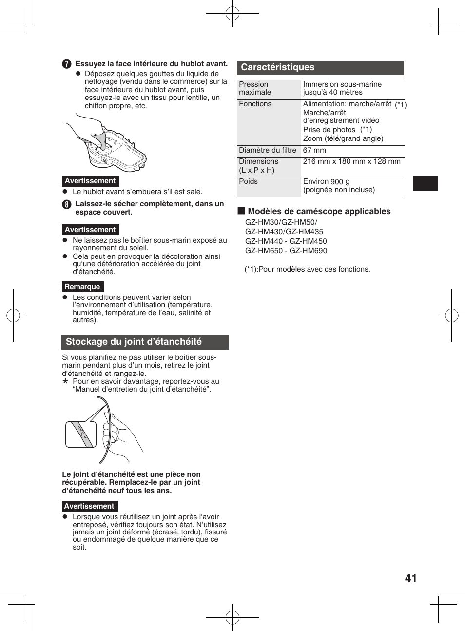 Stockage du joint d’étanchéité, Caractéristiques | JVC WR-MG300 User Manual | Page 41 / 114