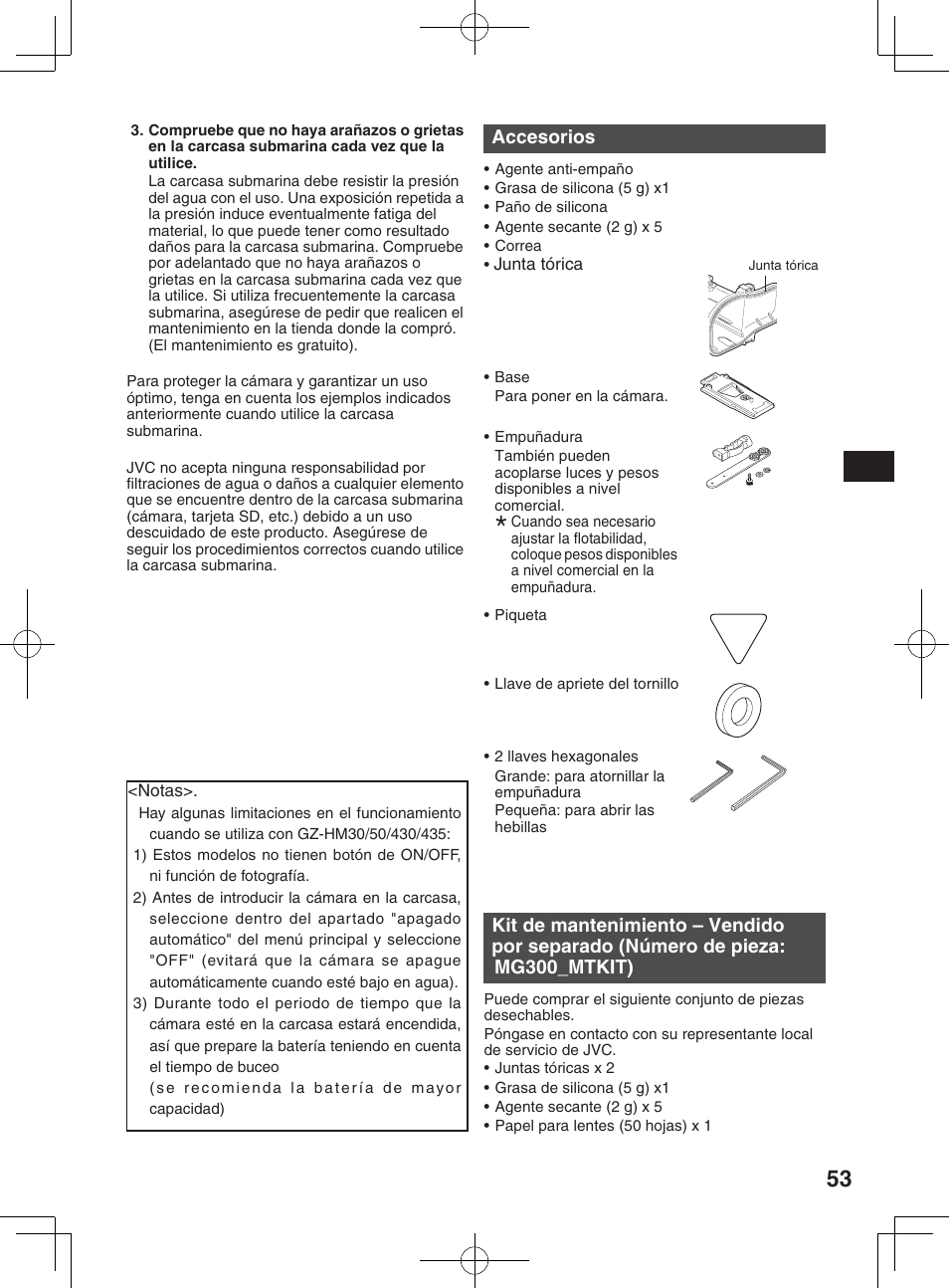 Accesorios, Mg300_mtkit), Para utilizar este producto de forma segura | Precauciones de seguridad | JVC WR-MG300 User Manual | Page 53 / 114