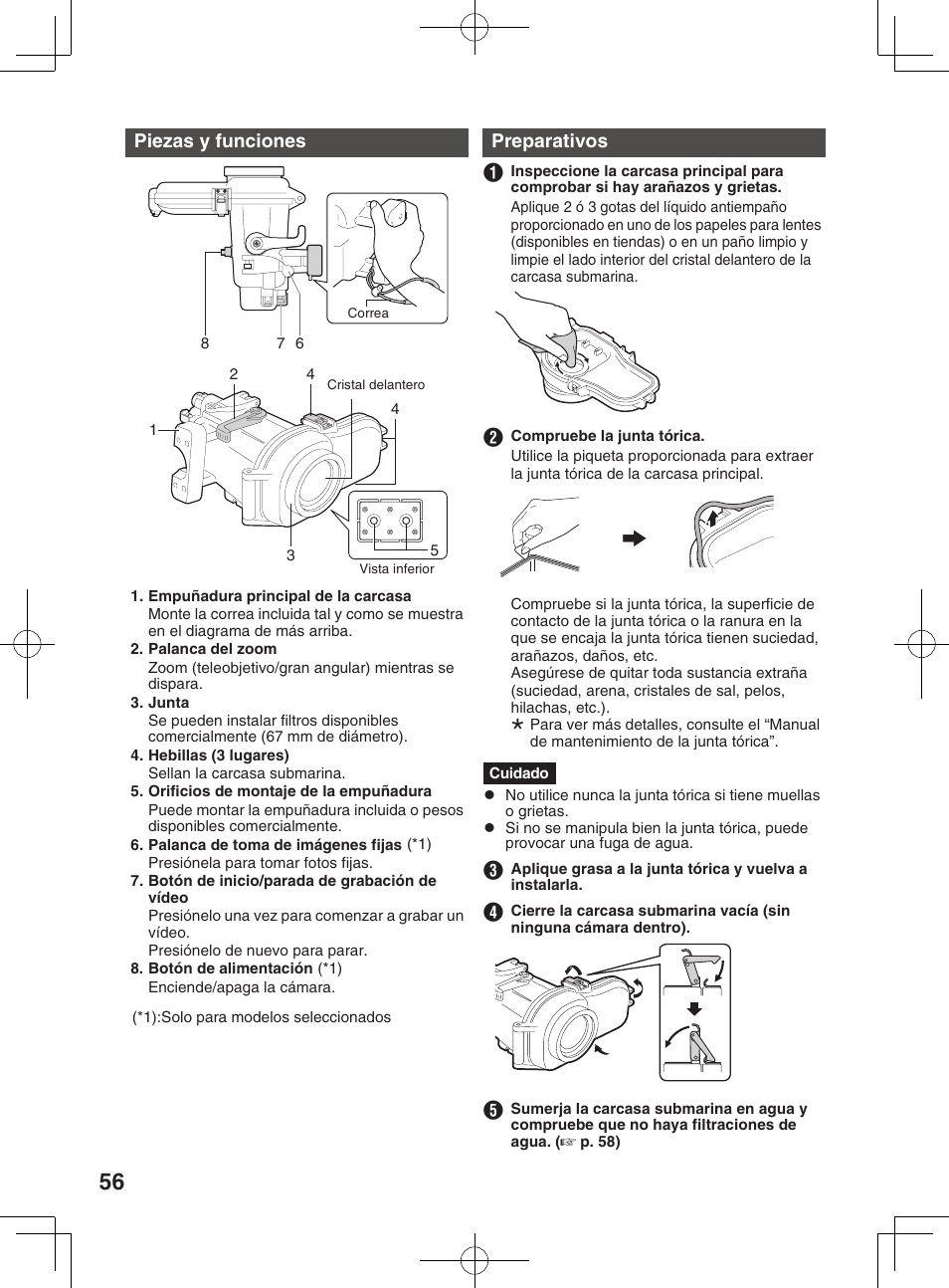 Colocación de la cámara en la carcasa submarina, Piezas y funciones, Preparativos | JVC WR-MG300 User Manual | Page 56 / 114