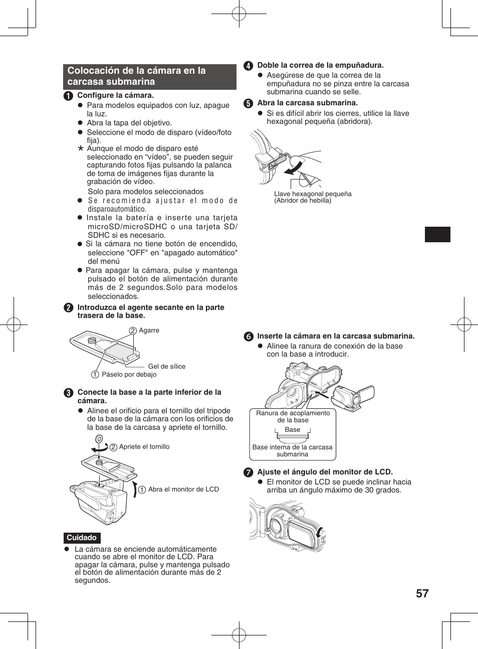 Colocación de la cámara en la carcasa submarina, Piezas y funciones, Preparativos | JVC WR-MG300 User Manual | Page 57 / 114