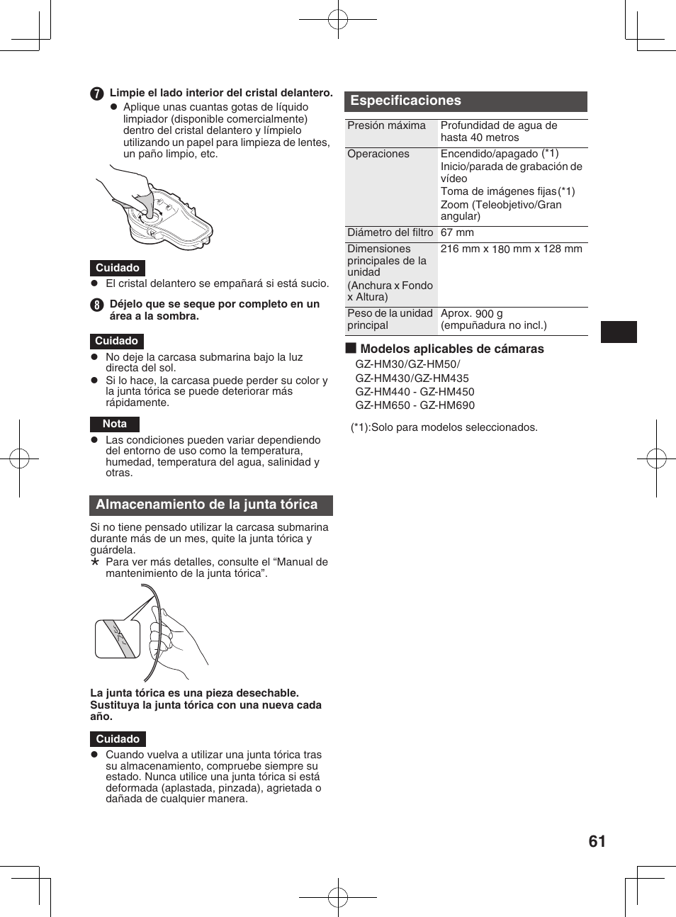 Almacenamiento de la junta tórica, Especificaciones | JVC WR-MG300 User Manual | Page 61 / 114