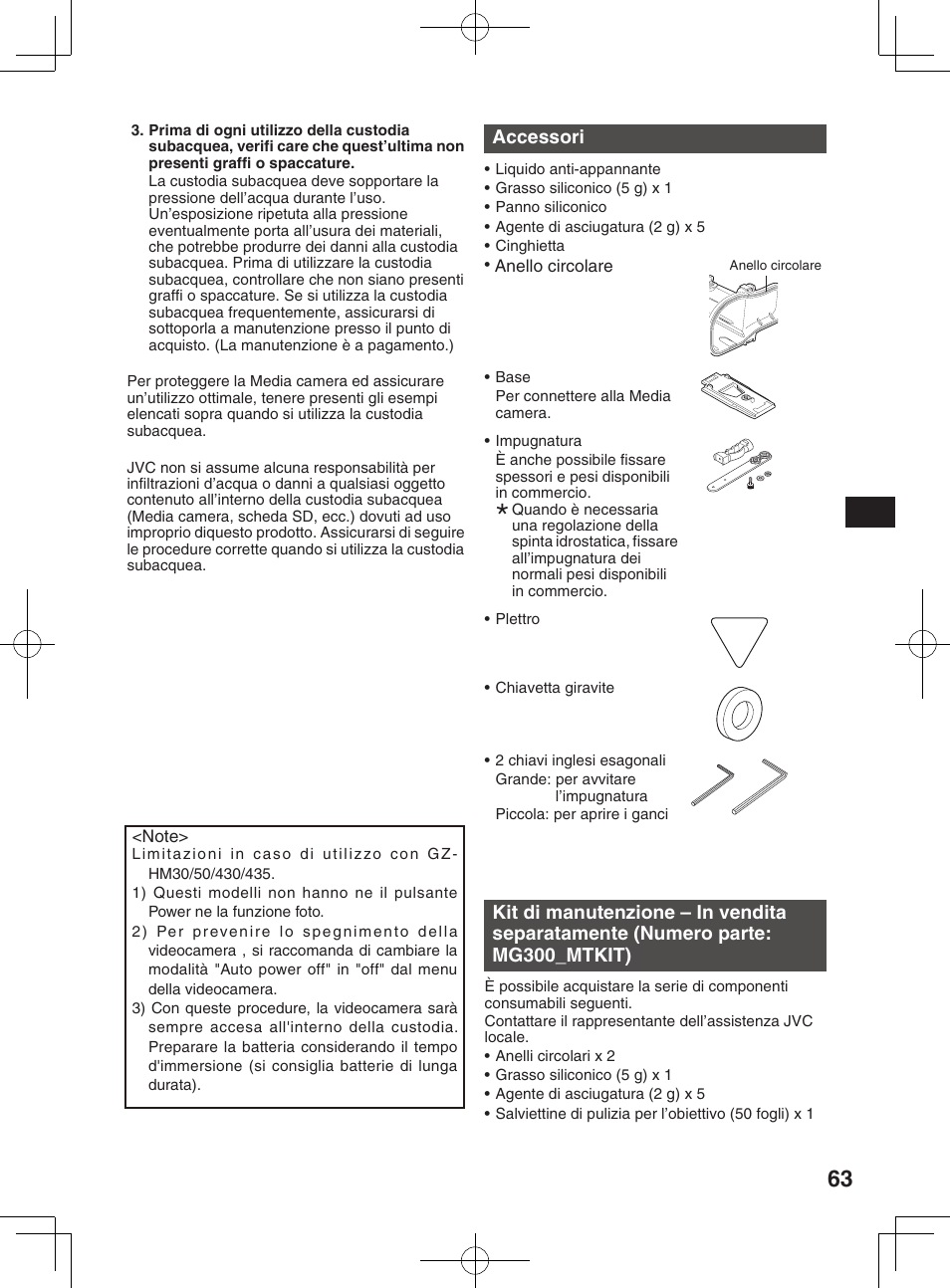 Accessori, Mg300_mtkit), Per utilizzare questo prodotto in sicurezza | Precauzione per la sicurezza | JVC WR-MG300 User Manual | Page 63 / 114