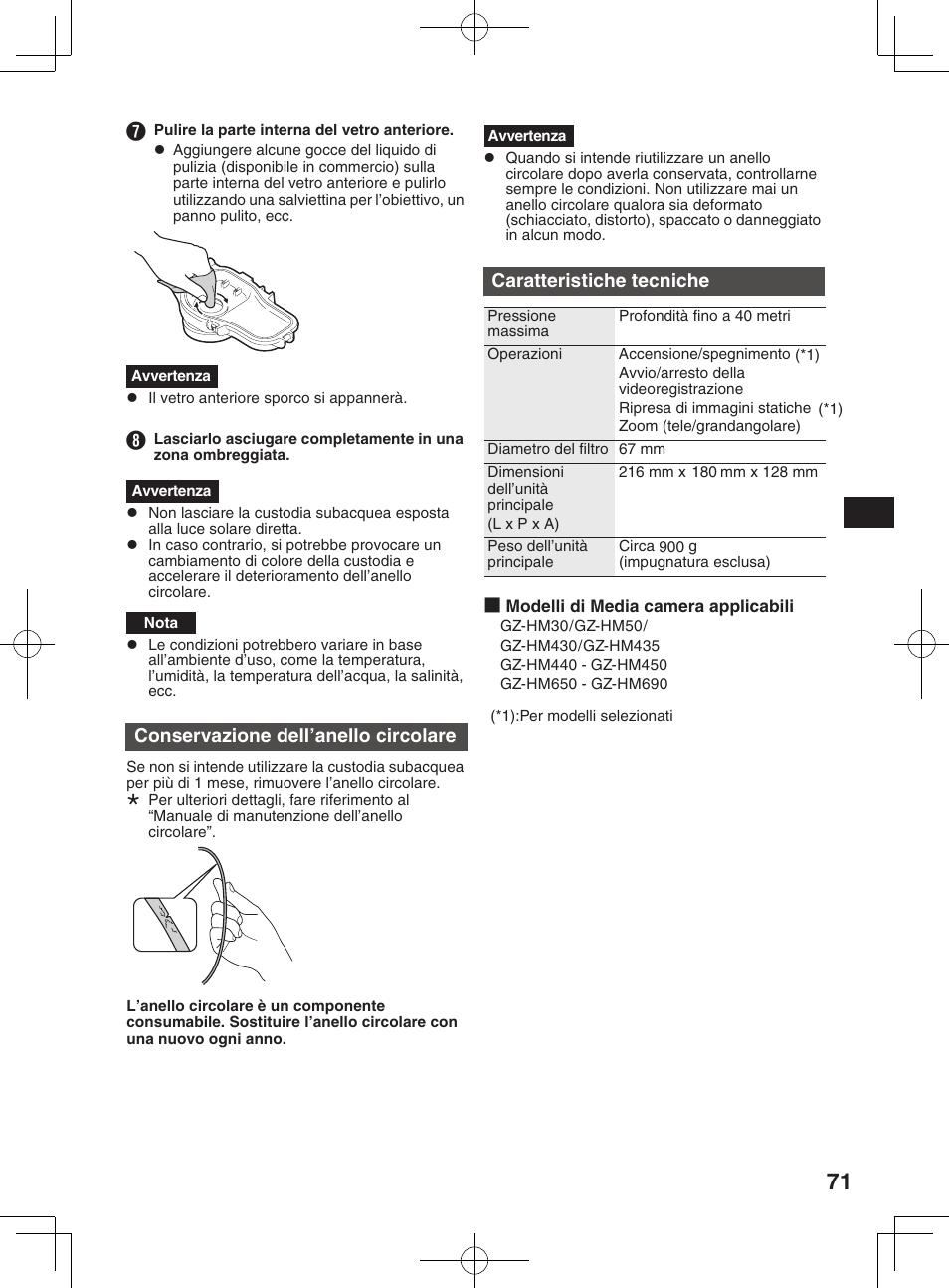 Rimozione del sale, Conservazione dell’anello circolare, Caratteristiche tecniche | JVC WR-MG300 User Manual | Page 71 / 114